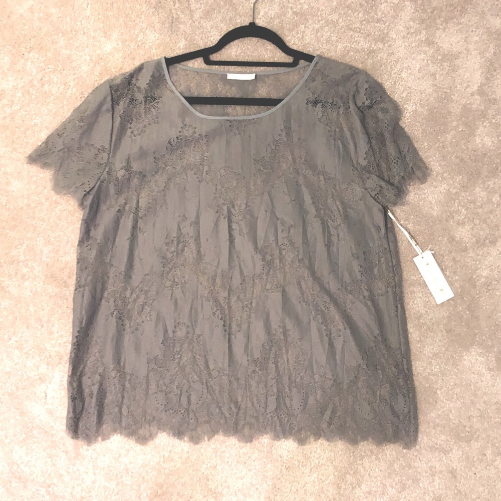 Gold Hawk NWT Short sleeve all over burnout lace Tunic Top in Grey; sz SMALL